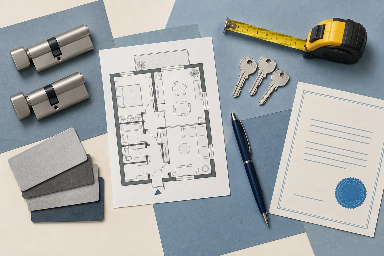 Plan d’appartement, cylindres de serrure, clés, mètre ruban et certificat posés à plat sur des papiers découpés