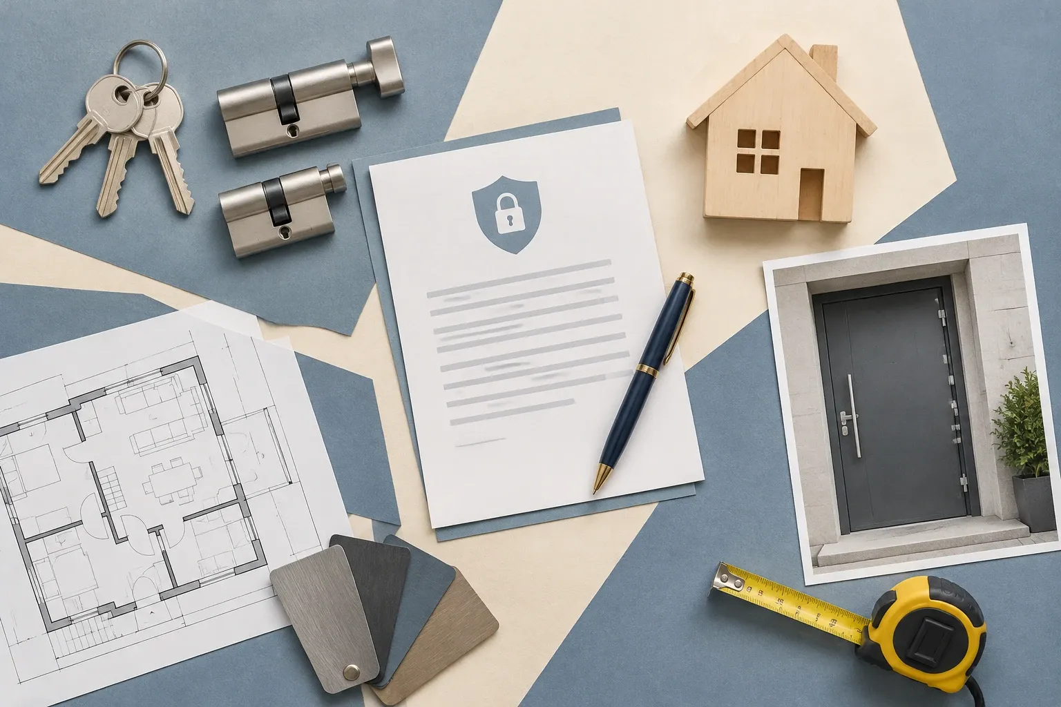 Contrat d'assurance, clé, cylindres, plans, échantillons couleur, maison miniature, porte blindée photo
