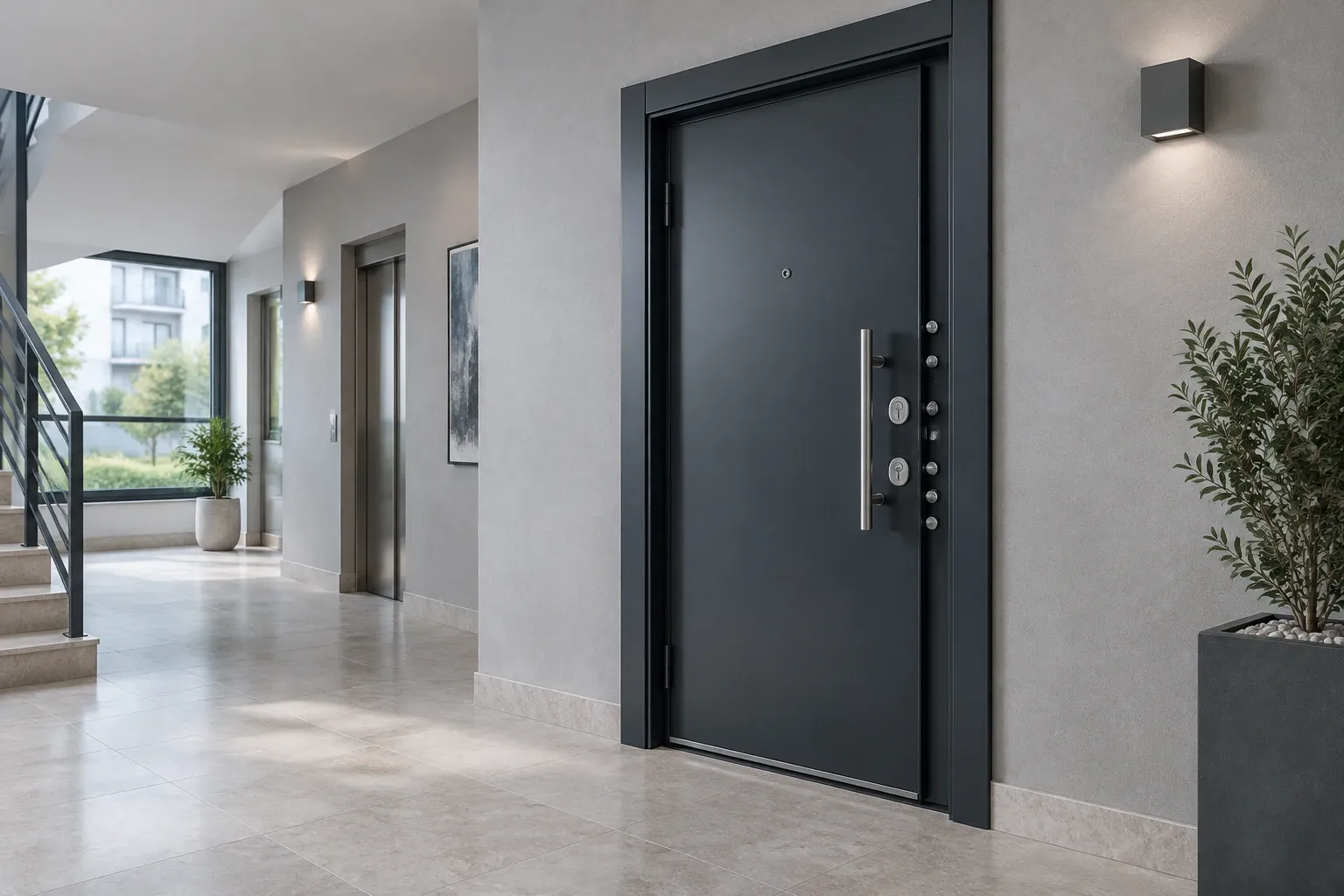 Porte d’entrée blindée anthracite dans le hall d’un immeuble résidentiel