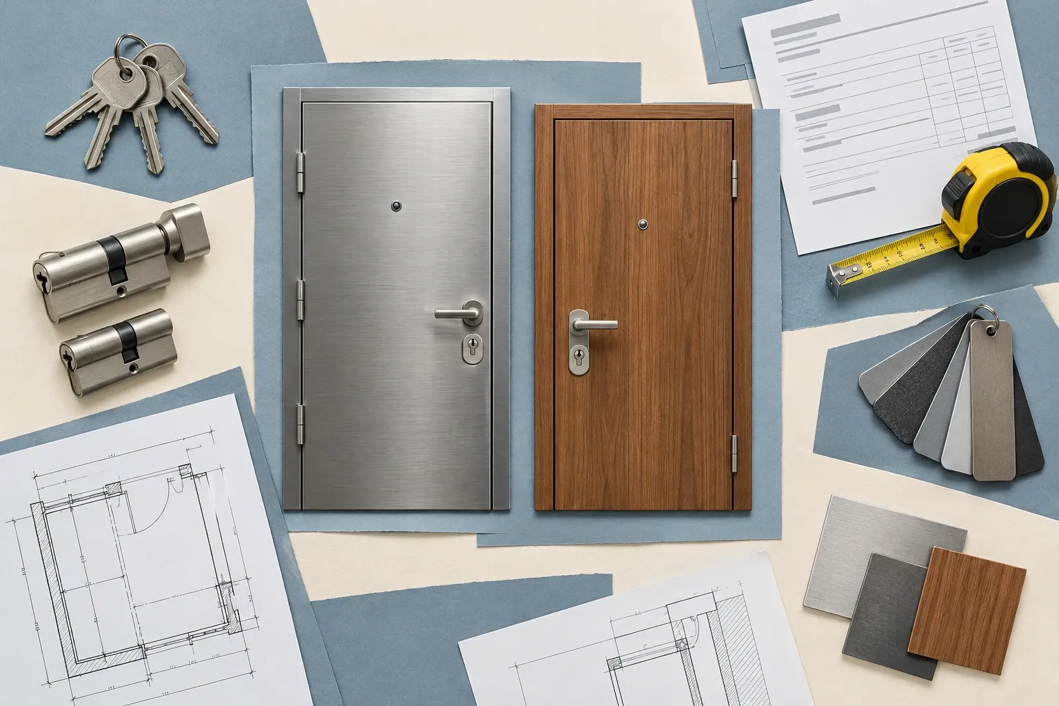 Deux mini-portes blindées (acier et bois) entourées de plans, clés, échantillons, mètre