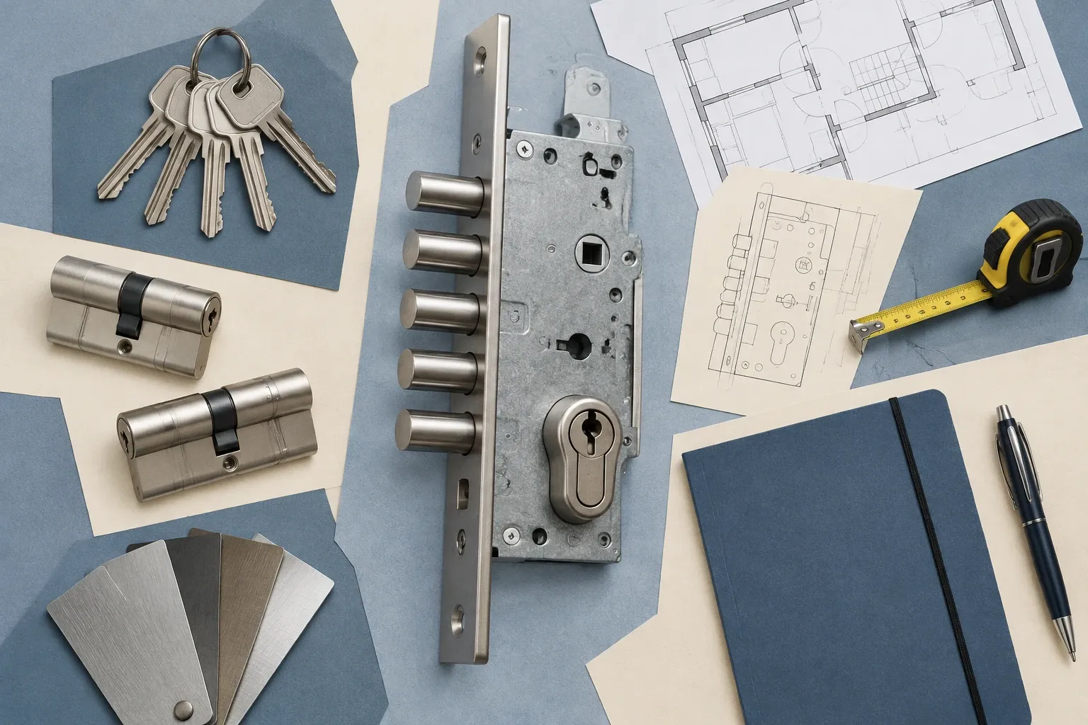 Serrure multipoints détachée, cylindre, jeux de clés, plans et mètre sur table de travail
